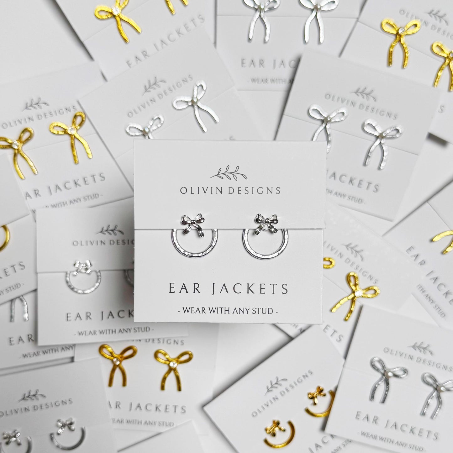 Bow Wreath Ear Jackets: Sterling Silver or 18K Gold Plated Studs