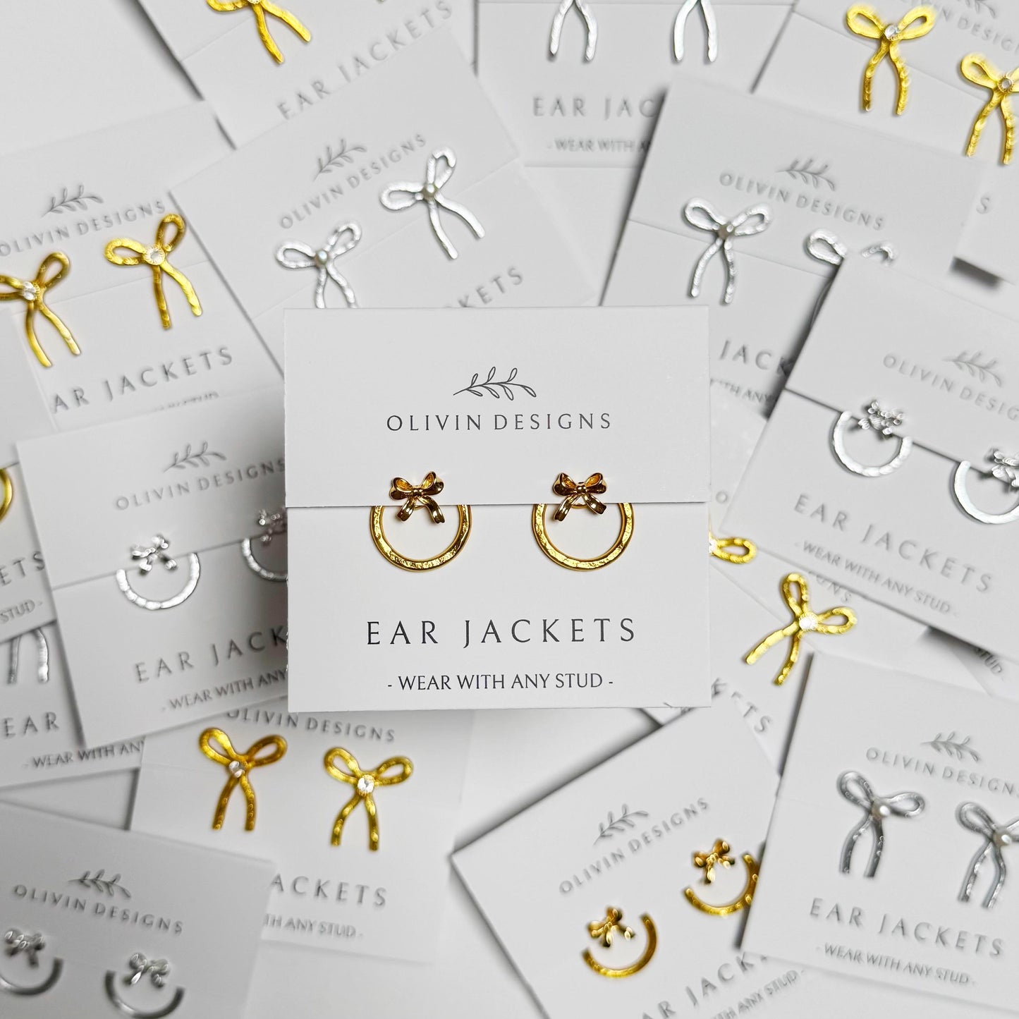 Bow Wreath Ear Jackets: Sterling Silver or 18K Gold Plated Studs