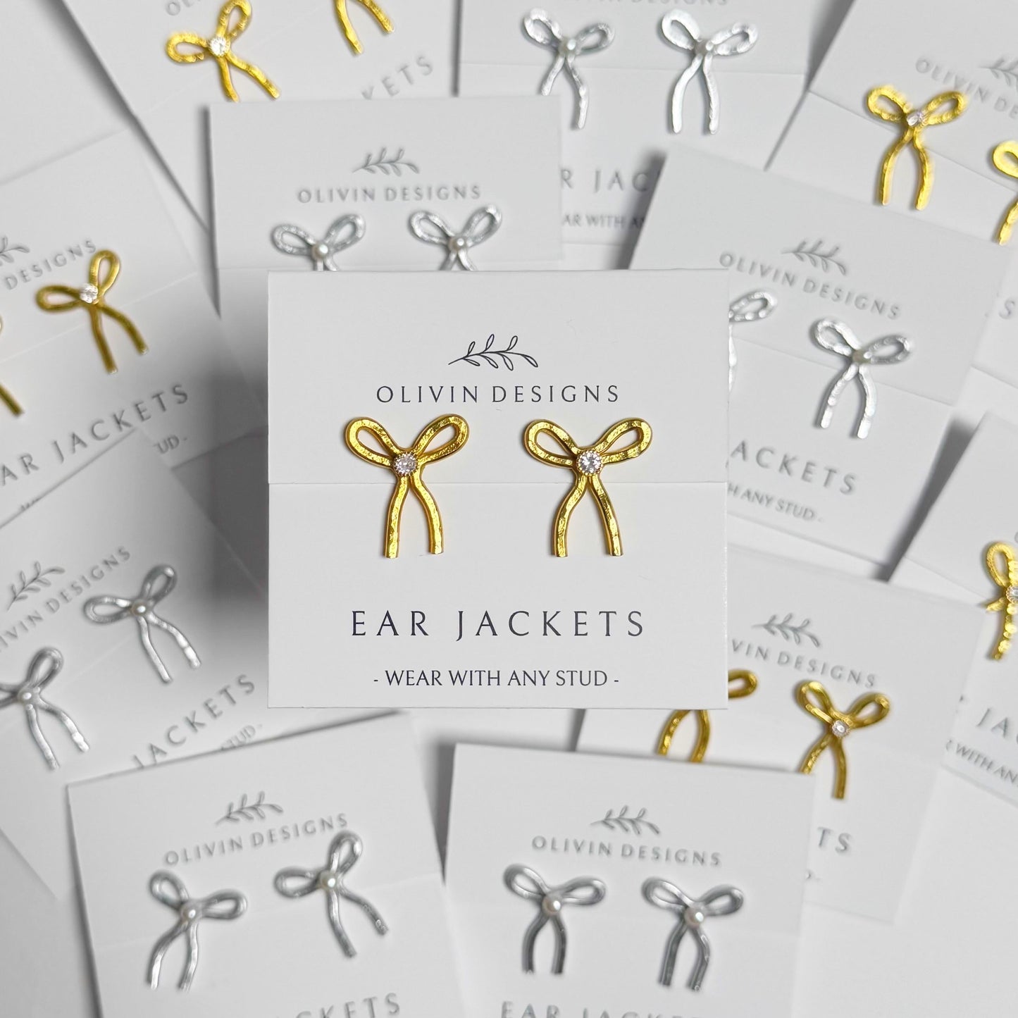 Bow Knot Ear Jacket Handmade Earrings: Sterling Silver or 18K Gold Plated Studs