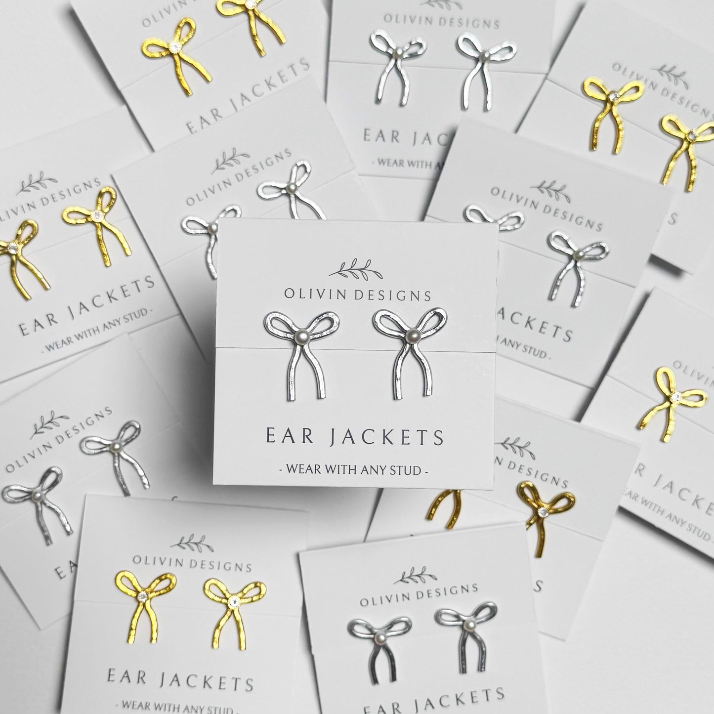 Bow Knot Ear Jacket Handmade Earrings: Sterling Silver or 18K Gold Plated Studs