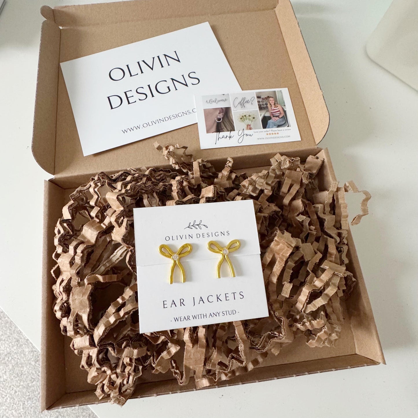 Bow Knot Ear Jacket Handmade Earrings: Sterling Silver or 18K Gold Plated Studs